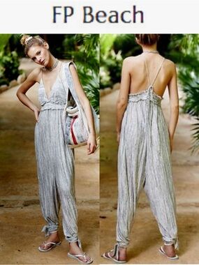 FREE PEOPLE BEACH MALIBU ONESIE BOHO HAREM JUMPSUIT GRAY TIE BACK MEDIUM **NWT**
